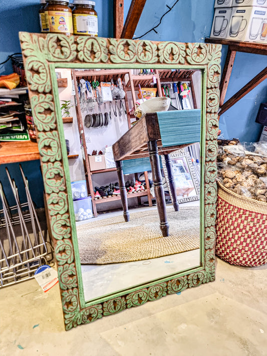 Hard Wood Carved Mirror - Small- Green - 50x70cm