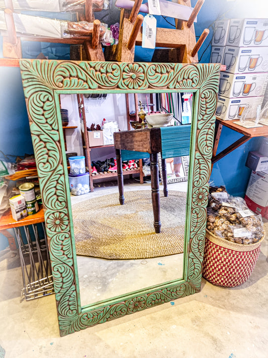 Hard Wood Carved Mirror - Medium - Green - 65x100cm