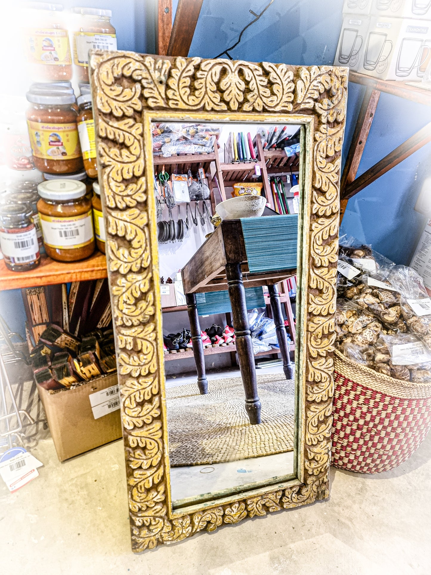 Hard Wood Carved Mirror - Small- Yellow - 39x77cm